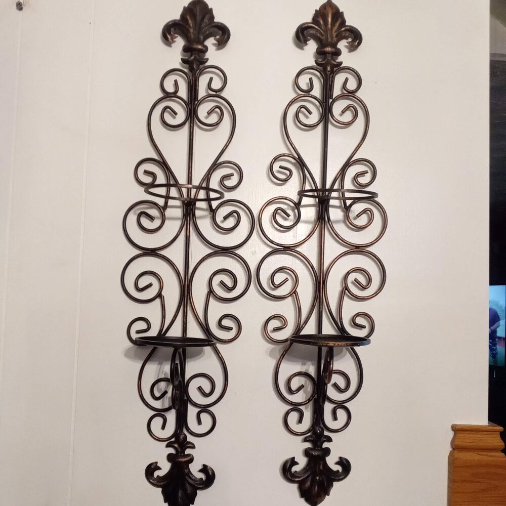 Huge Metal Wall Sconce Set 29 inch Scroll Fleur de Lis Candle Holder Home Decor